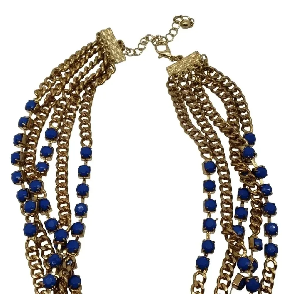 Multilayered Gold Toned Chain with Blue Accent Pieces Necklace Costume